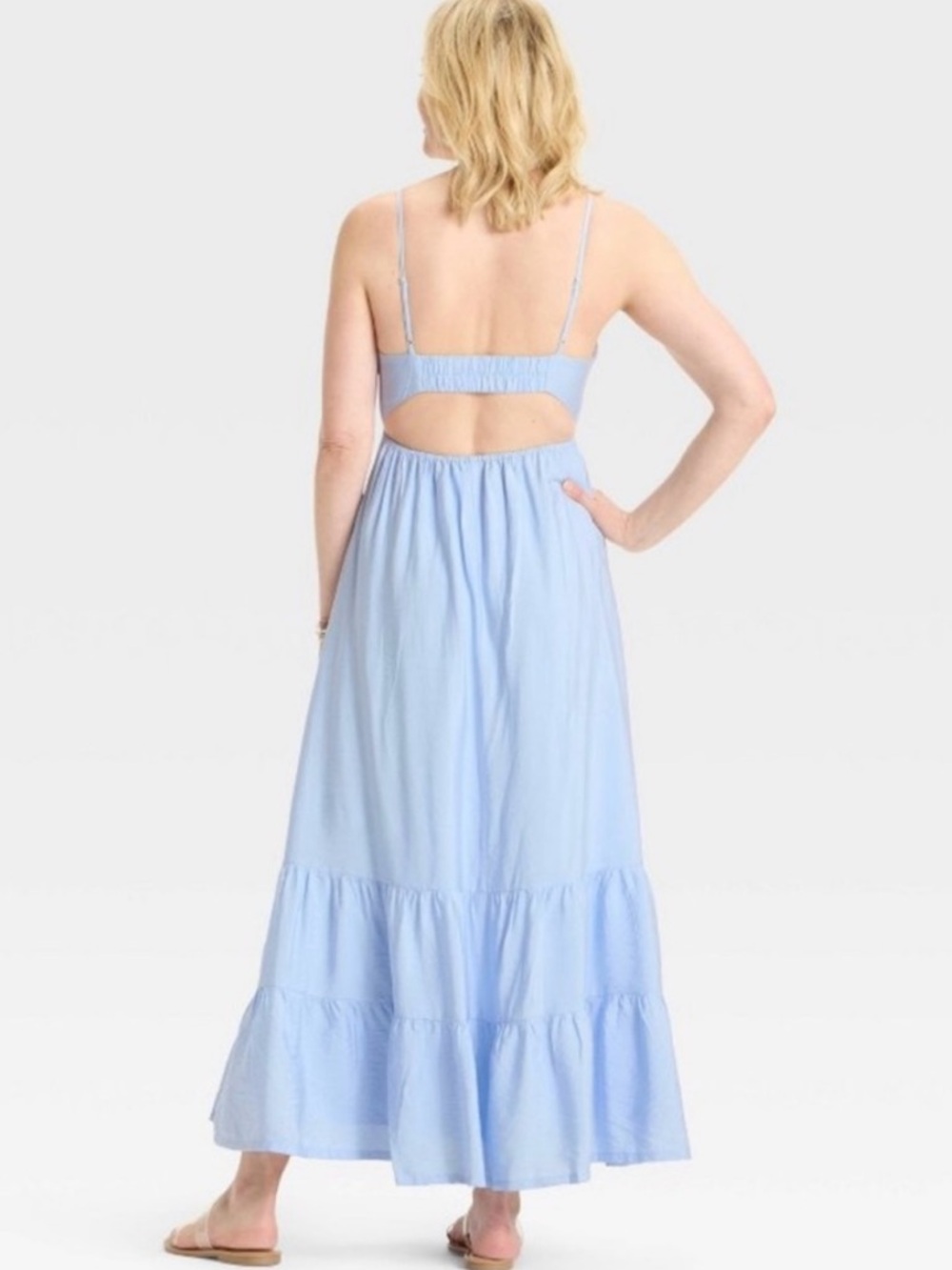 A new day Open Back Baby Blue Flowy Midi Dress with Adjustable Straps, Sz Large - Picture 4 of 11